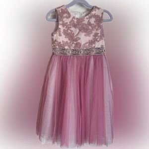 Rare Editions Elegant Pink Kids Dress with Floral Embroidery Rhinestones Size 5